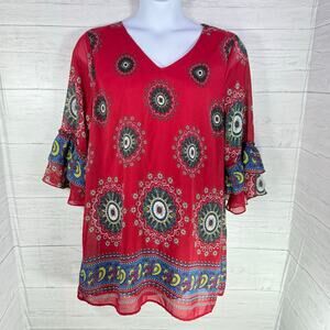 Umgee Plus 1XL red floral women paisley babydoll blouse bell sleeve cottage fall